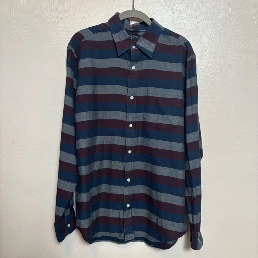 Banana Republic Mens Shirt Horizontal Striped Long Sleeved Blue Red Size Large‎
